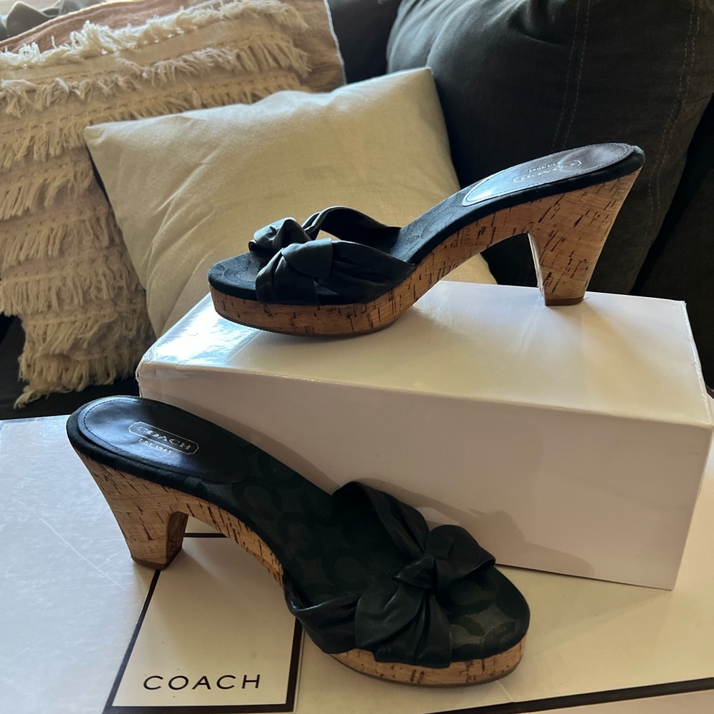 COACH Cork Wedge Black Leather Upper Bow Slides Platform Size 9 Heels!!
